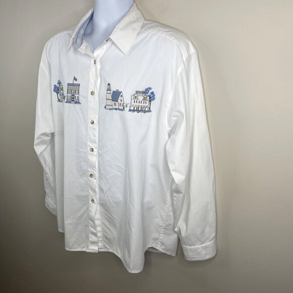 Vintage Womens Coastal Seaside Nantucket Button Up Top 16 Embroidered Lighthouse - Picture 7 of 10